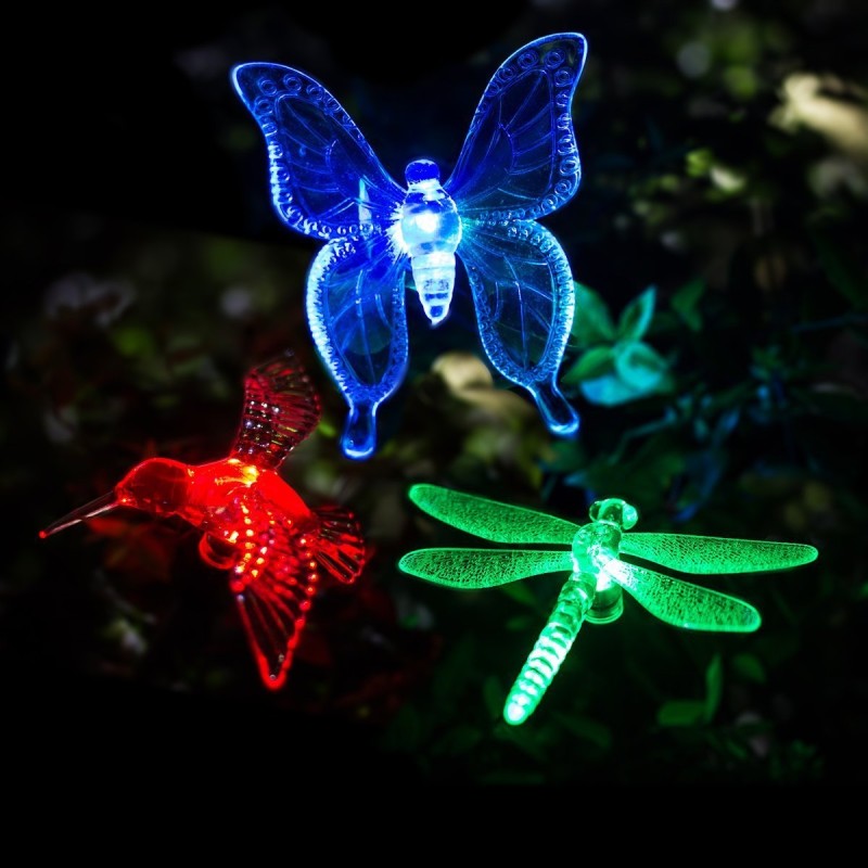 Solcelle LED Sommerfugl/Guldsmed/Kolibri, 3-pak, skifter farve